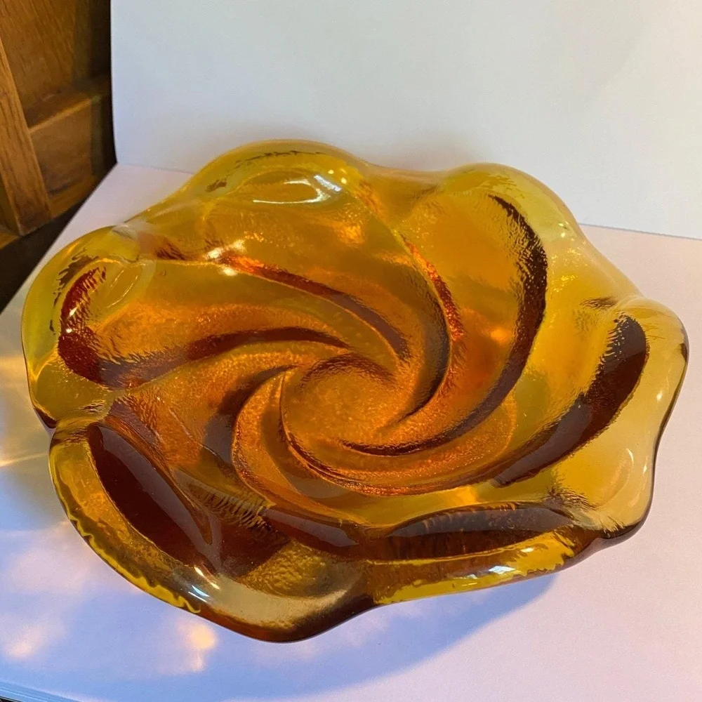 Vintage Amber Heavy Glass Bowl Dish MCM Home Decor Swirl‎ Petal Excellent